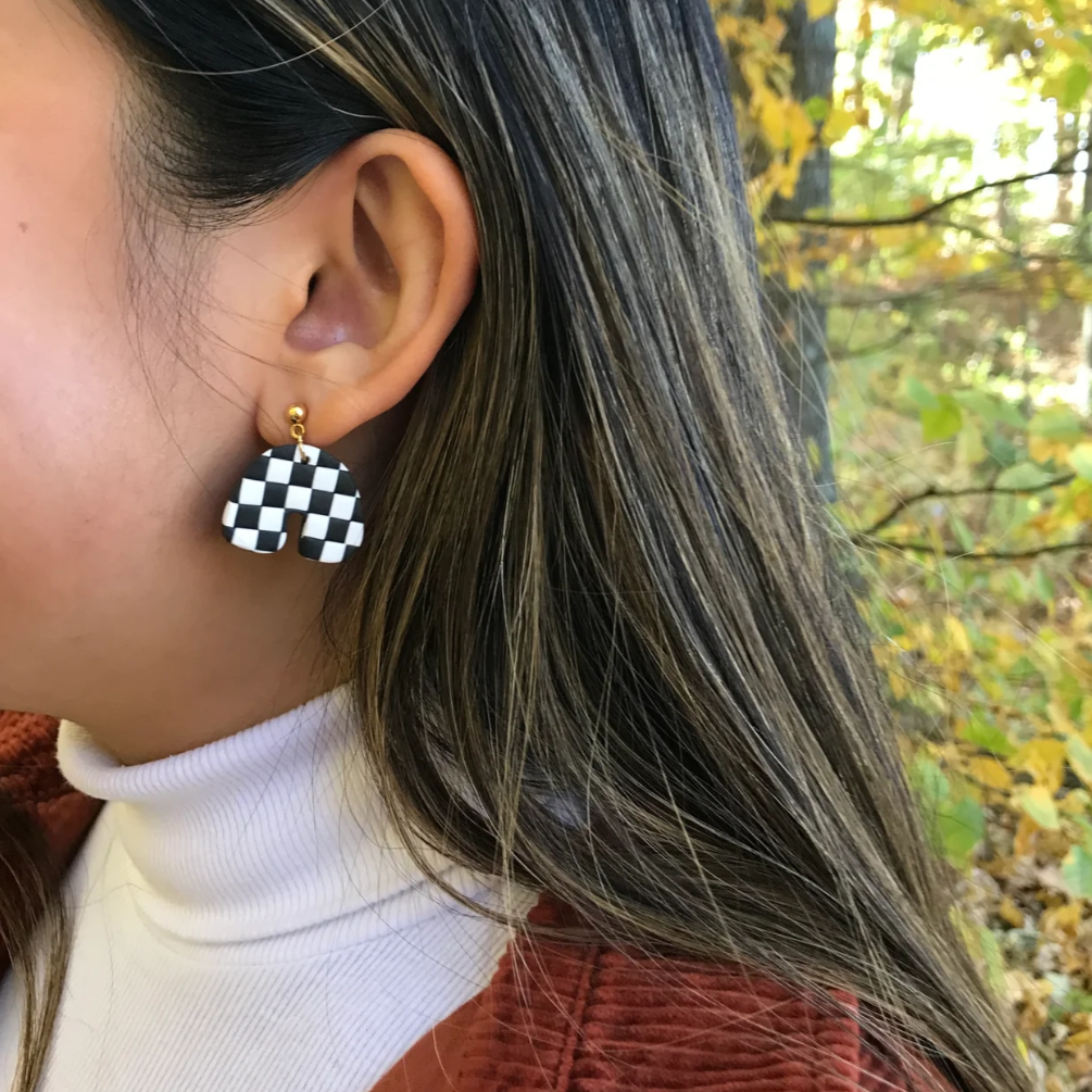 Handmade Clay Check Earrings in Matcha