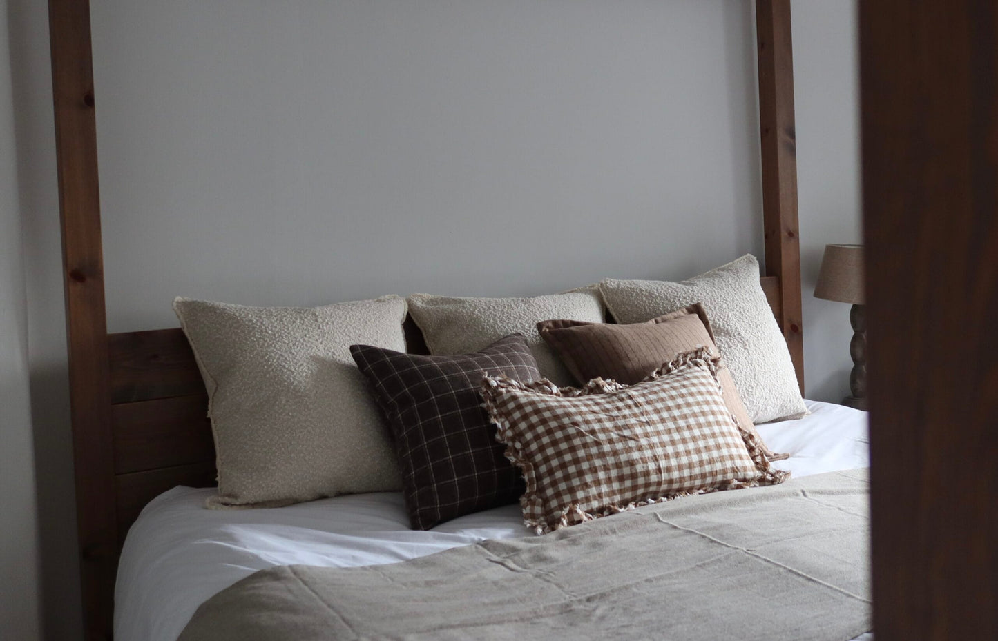 Brown Gingham Linen Ruffle Cushion