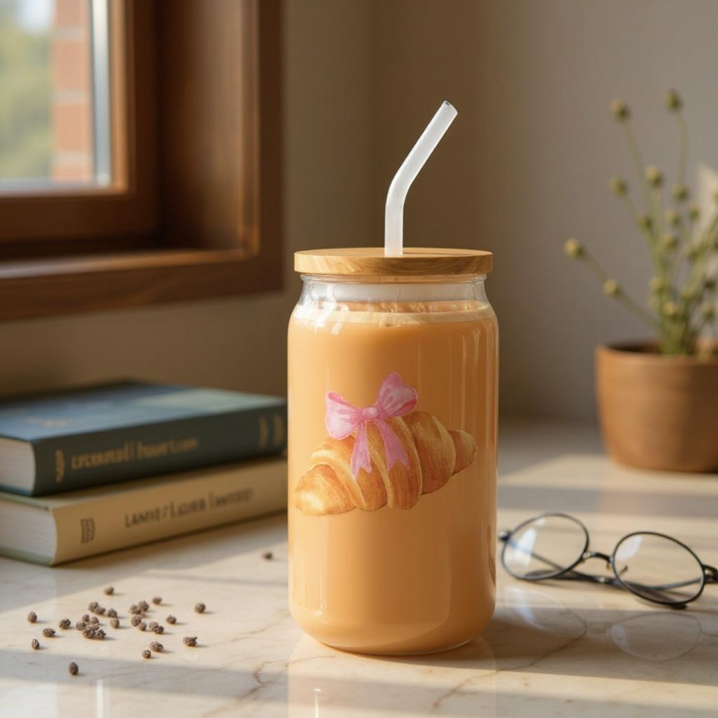 Croissant Coquette Bow Iced Coffee Glass 16oz