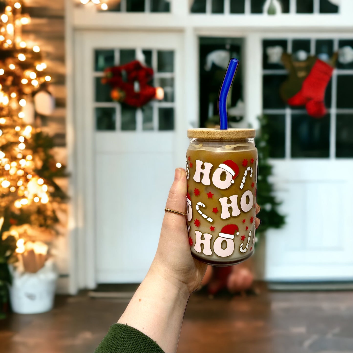 'Ho Ho Ho' Christmas Iced Coffee Glass 16oz