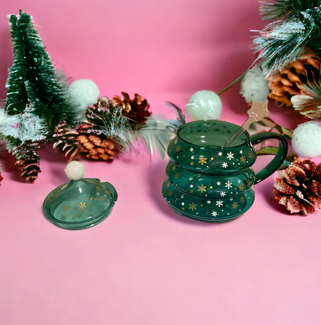 Christmas Tree Glass Mug with Lid & Stirrer
