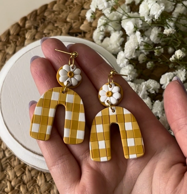 Checkered Clay Daisy Handmade Earrings