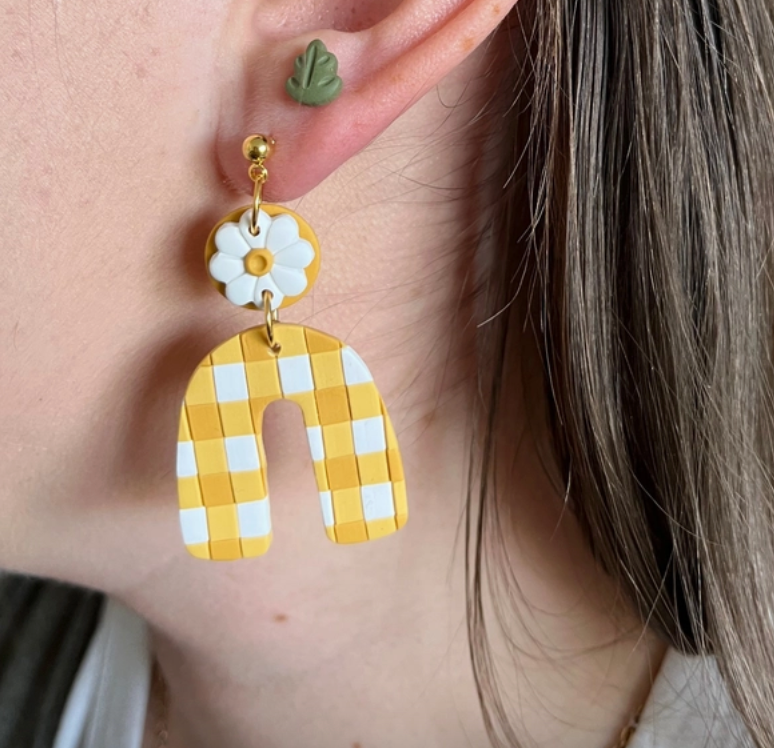 Checkered Clay Daisy Handmade Earrings