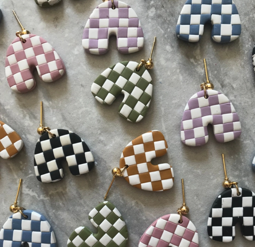 Handmade Clay Check Earrings in Matcha
