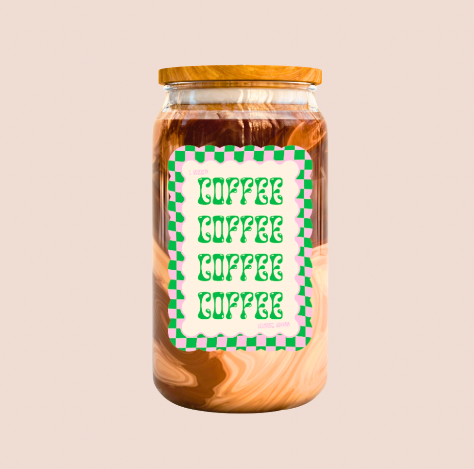 Pink & Green Check Iced Coffee Glass 16oz