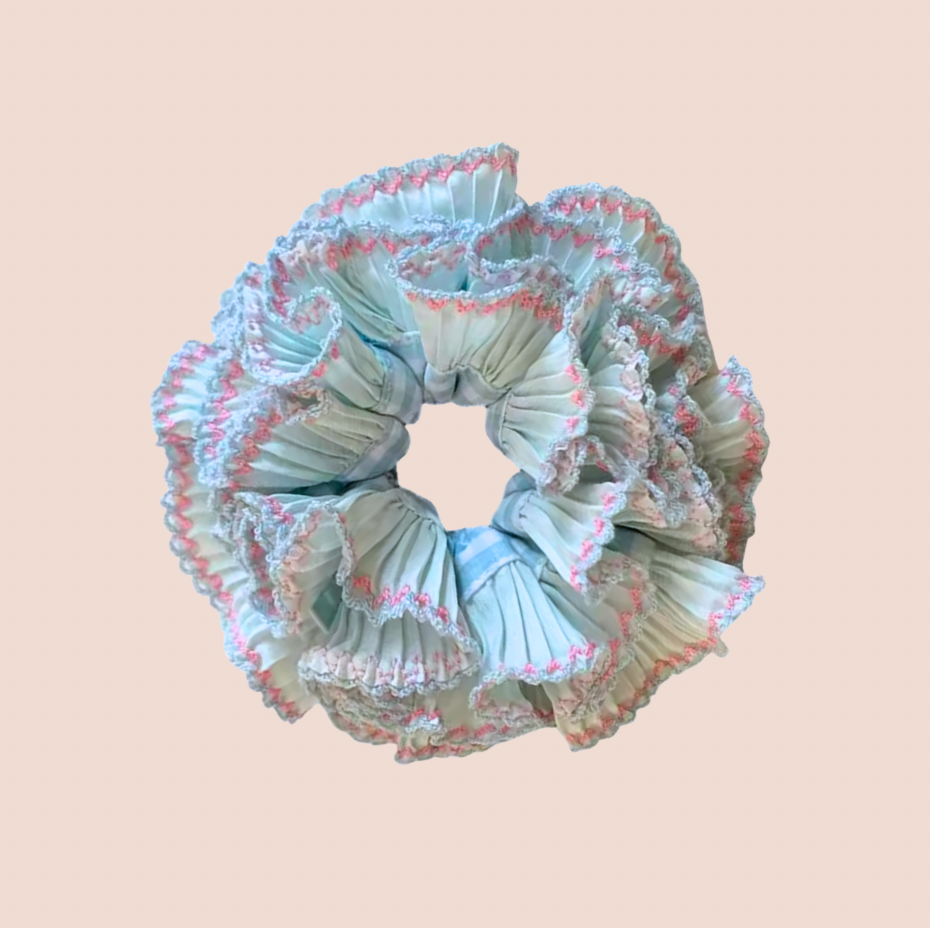 Light Blue Check & Frill Scrunchie
