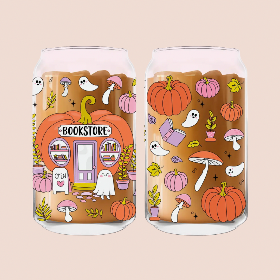 Pumpkin Bookstore Autumn Iced Coffee Glass 16oz