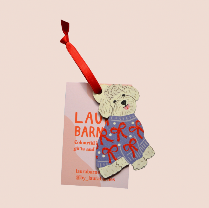 White Dog In Bow Jumper - Wooden Tree Decoration