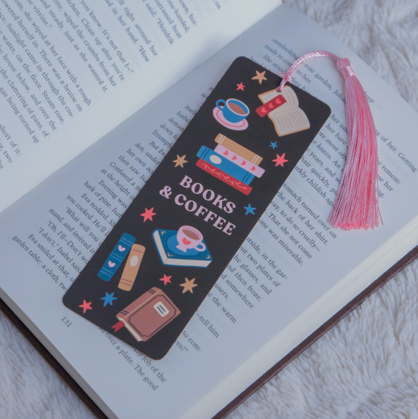 'Books & Coffee' Illustrated Tassel Bookmark