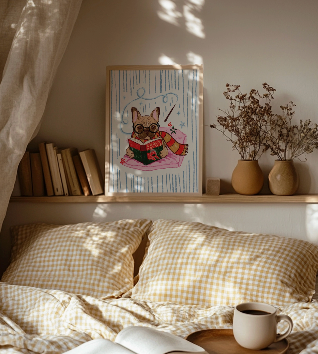 French Bulldog Harry Potter Bookish Art A4 Print
