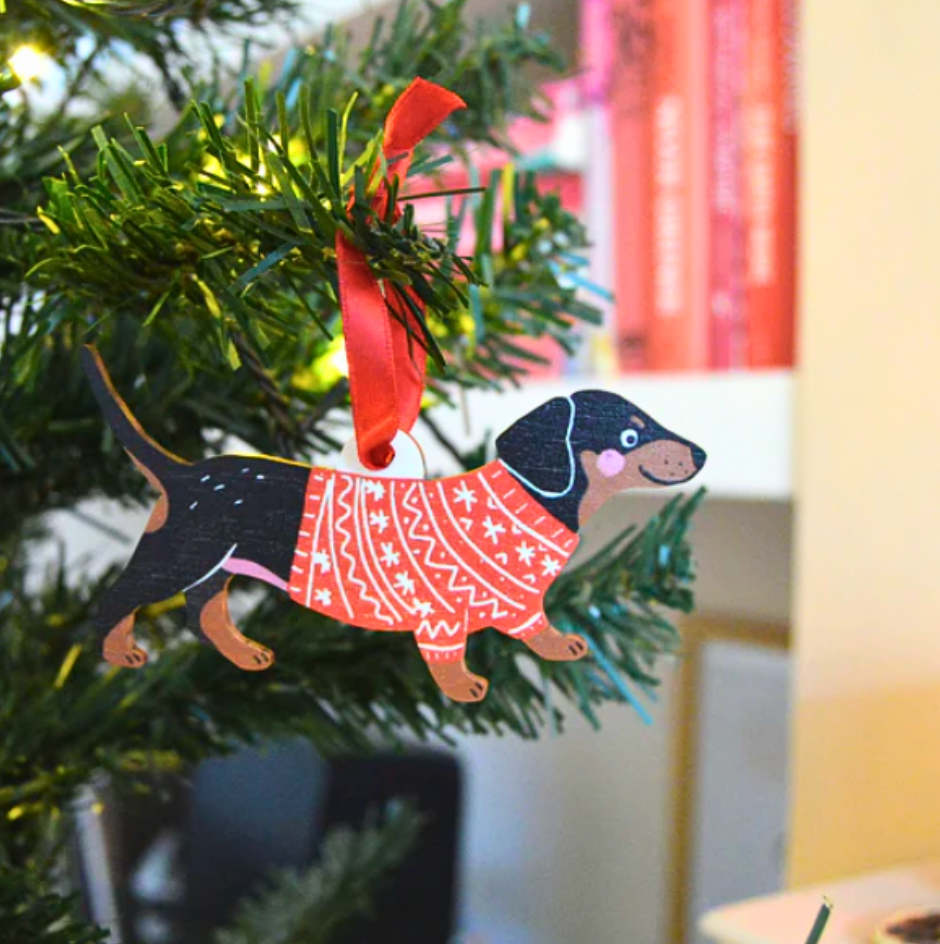 Sausage Dog Jumper - Wooden Tree Decoration