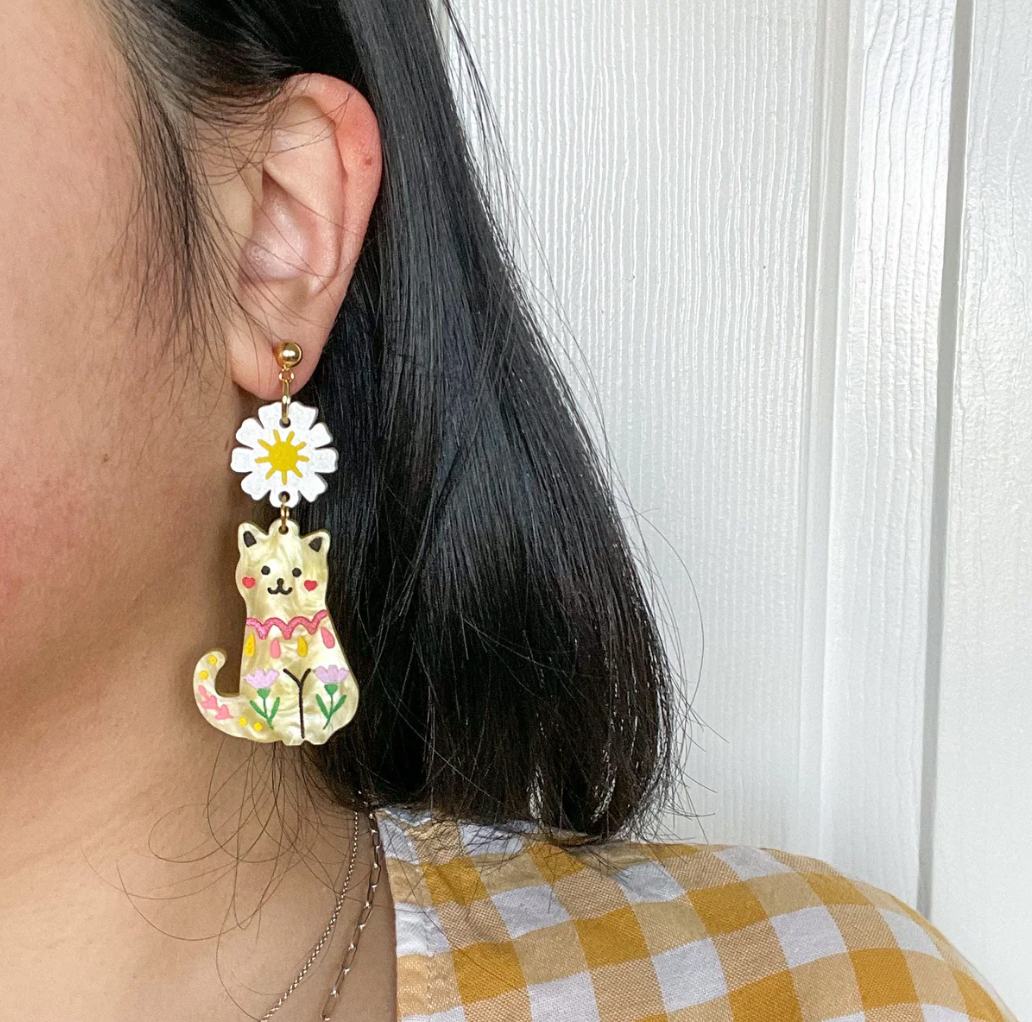 Floral Cat Handmade Earrings