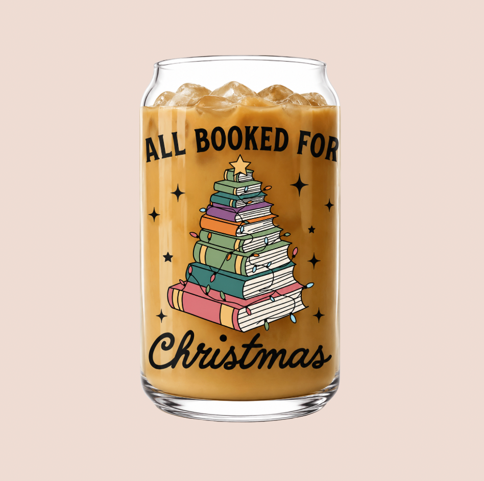 'All Booked For Christmas' Iced Coffee Glass 16oz
