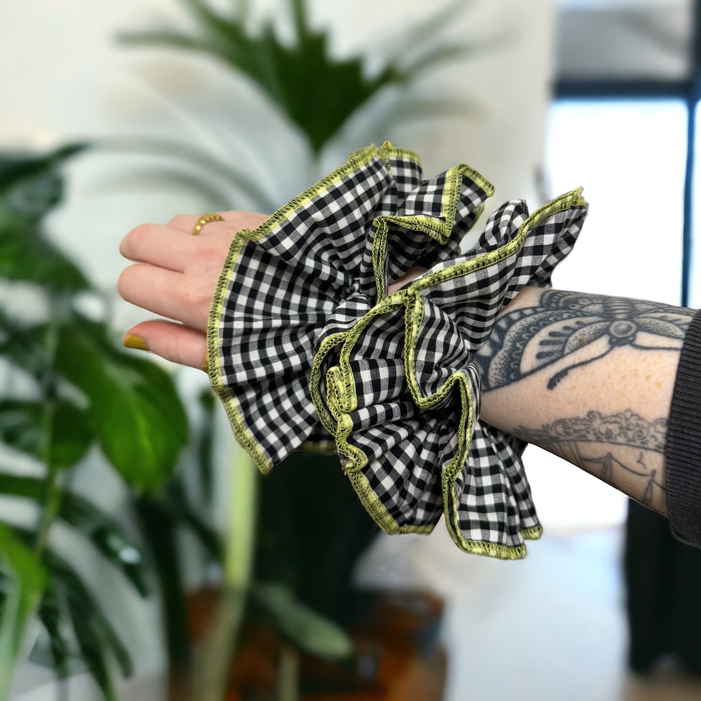 Large Gingham Hair Scrunchie in Black