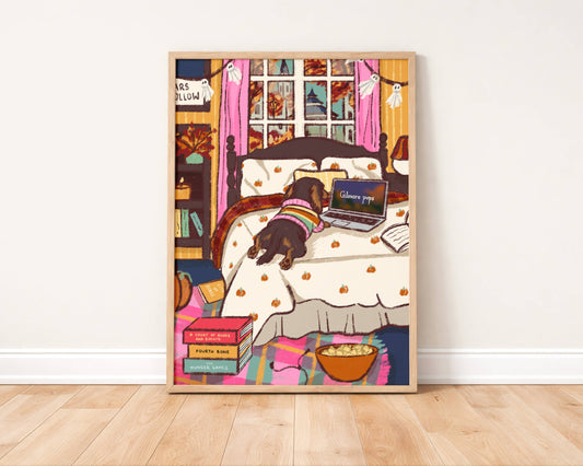 Cosy Gilmore Pup Autumnal Bedroom Gilmore Girls A4 Print