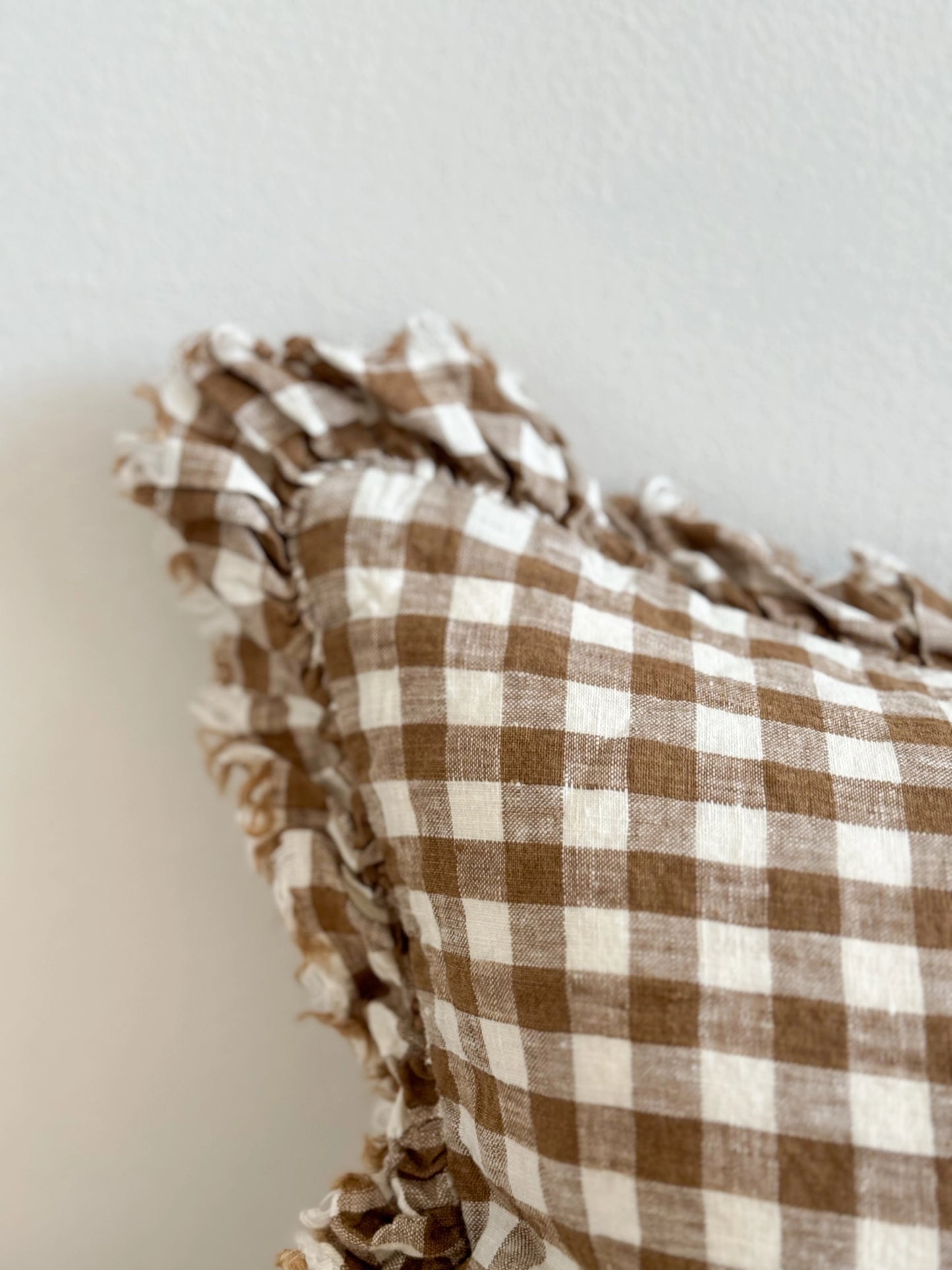 Brown Gingham Linen Ruffle Cushion