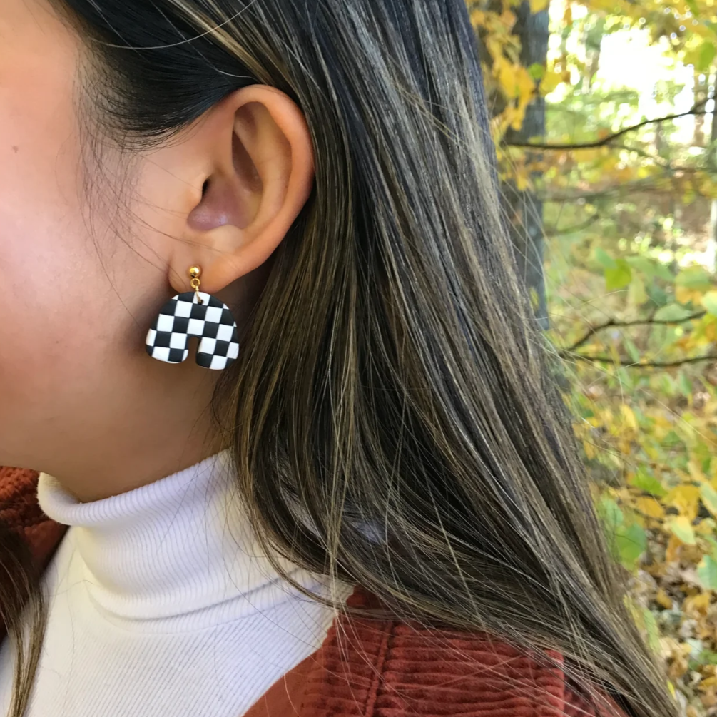 Handmade Clay Check Earrings in Mustard