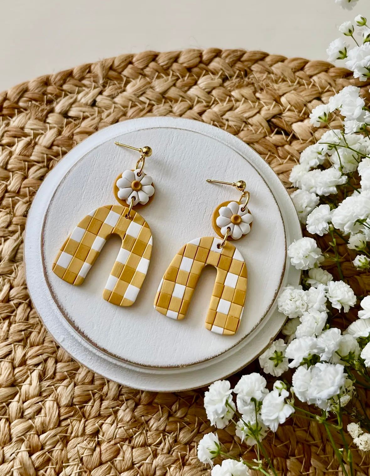 Checkered Clay Daisy Handmade Earrings