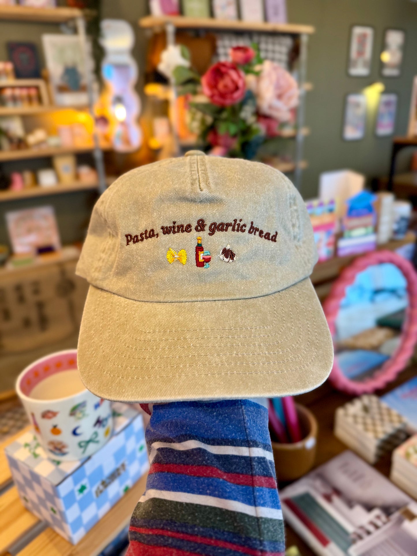 'Pasta, Wine & Garlic Bread' 5 Panel Cotton Cap