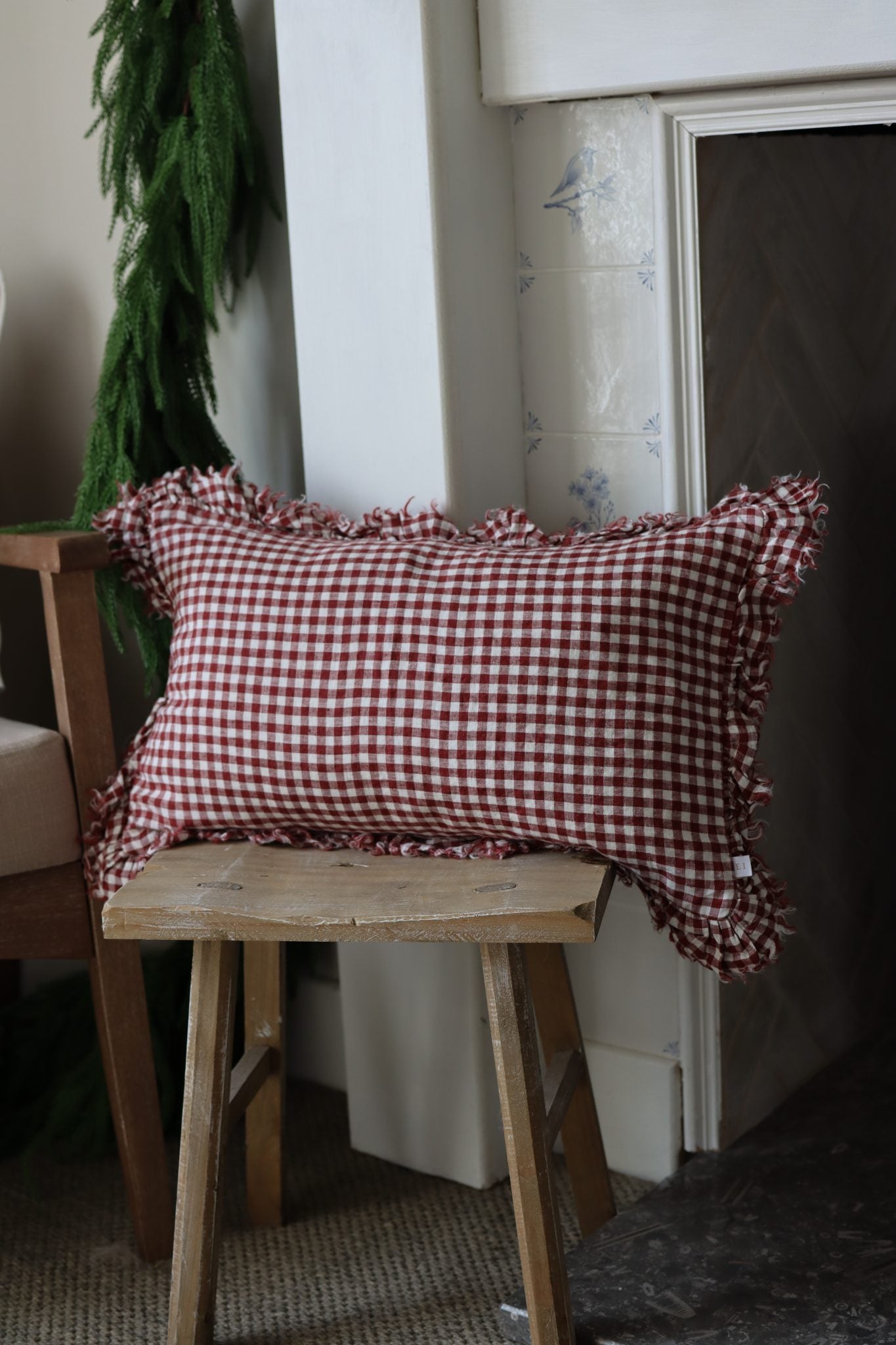 Red Gingham Linen Ruffle Cushion