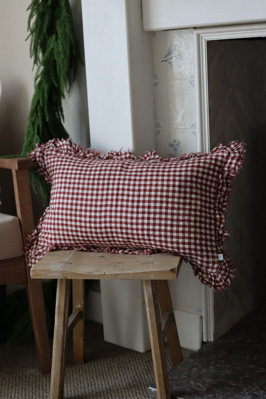 Red Gingham Linen Ruffle Cushion