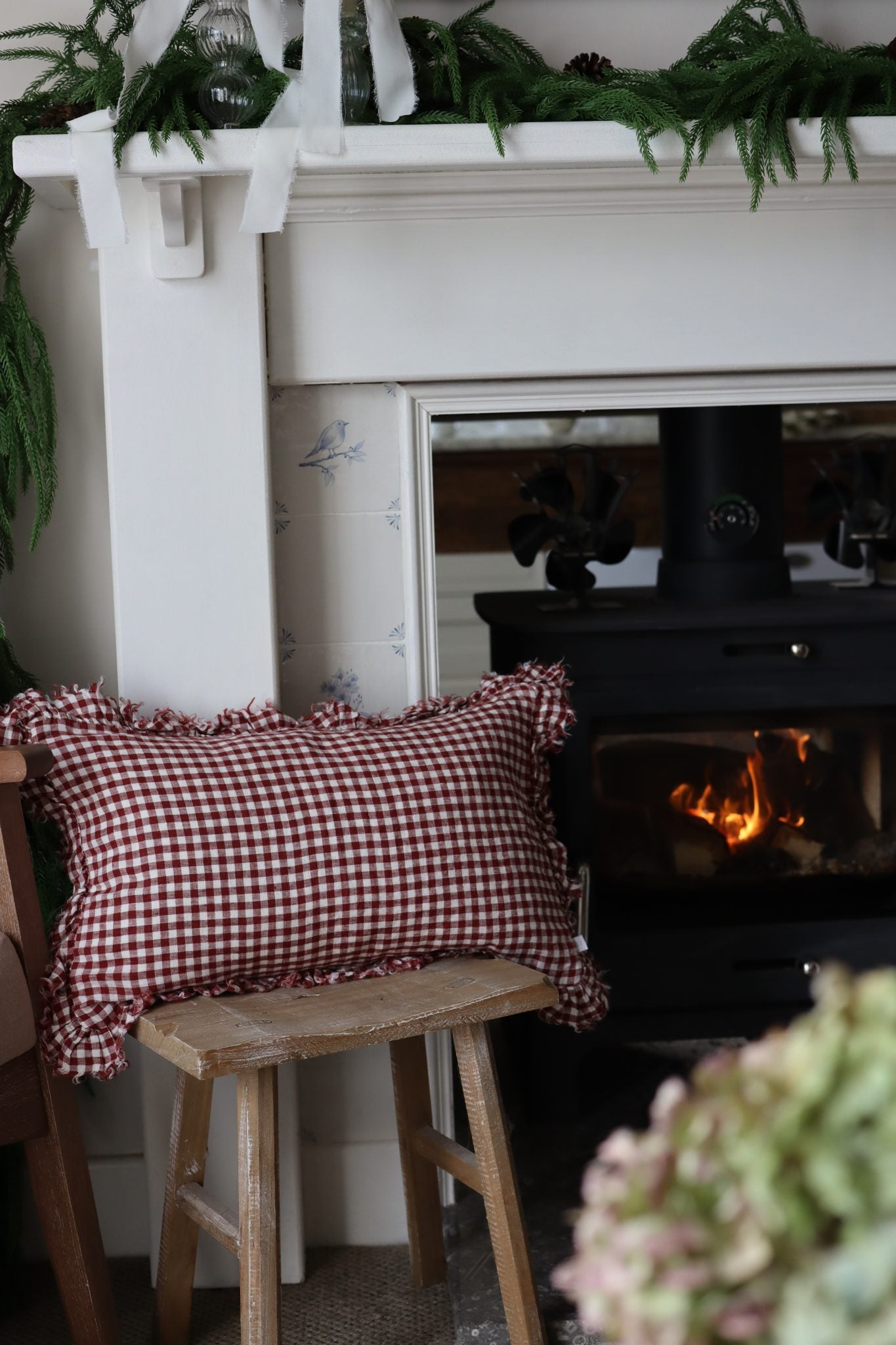 Red Gingham Linen Ruffle Cushion