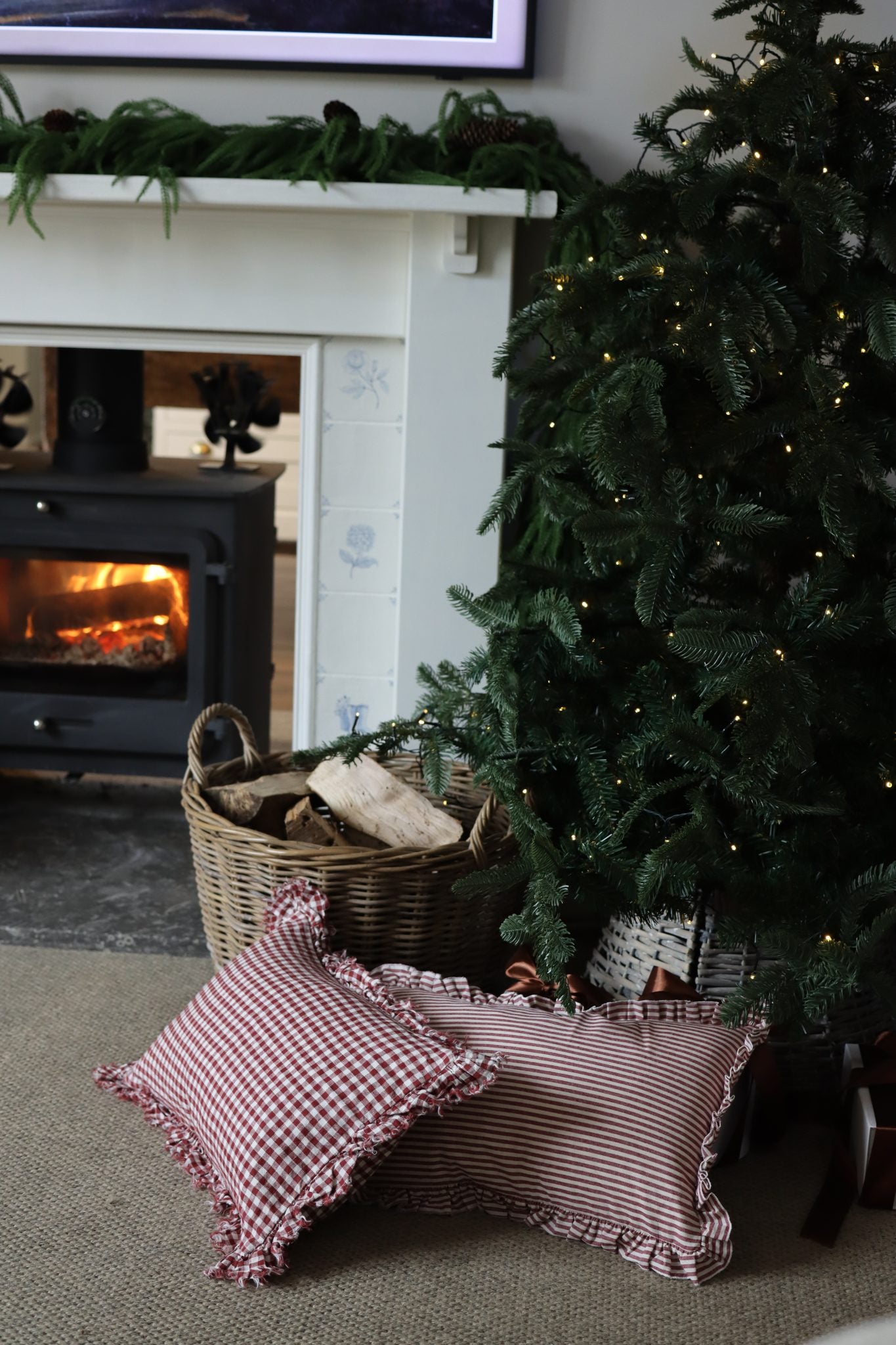 Red Gingham Linen Ruffle Cushion