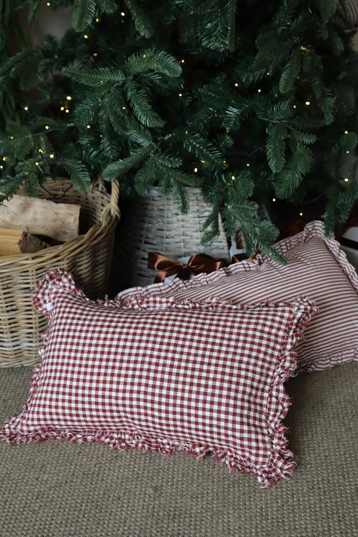 Red Gingham Linen Ruffle Cushion
