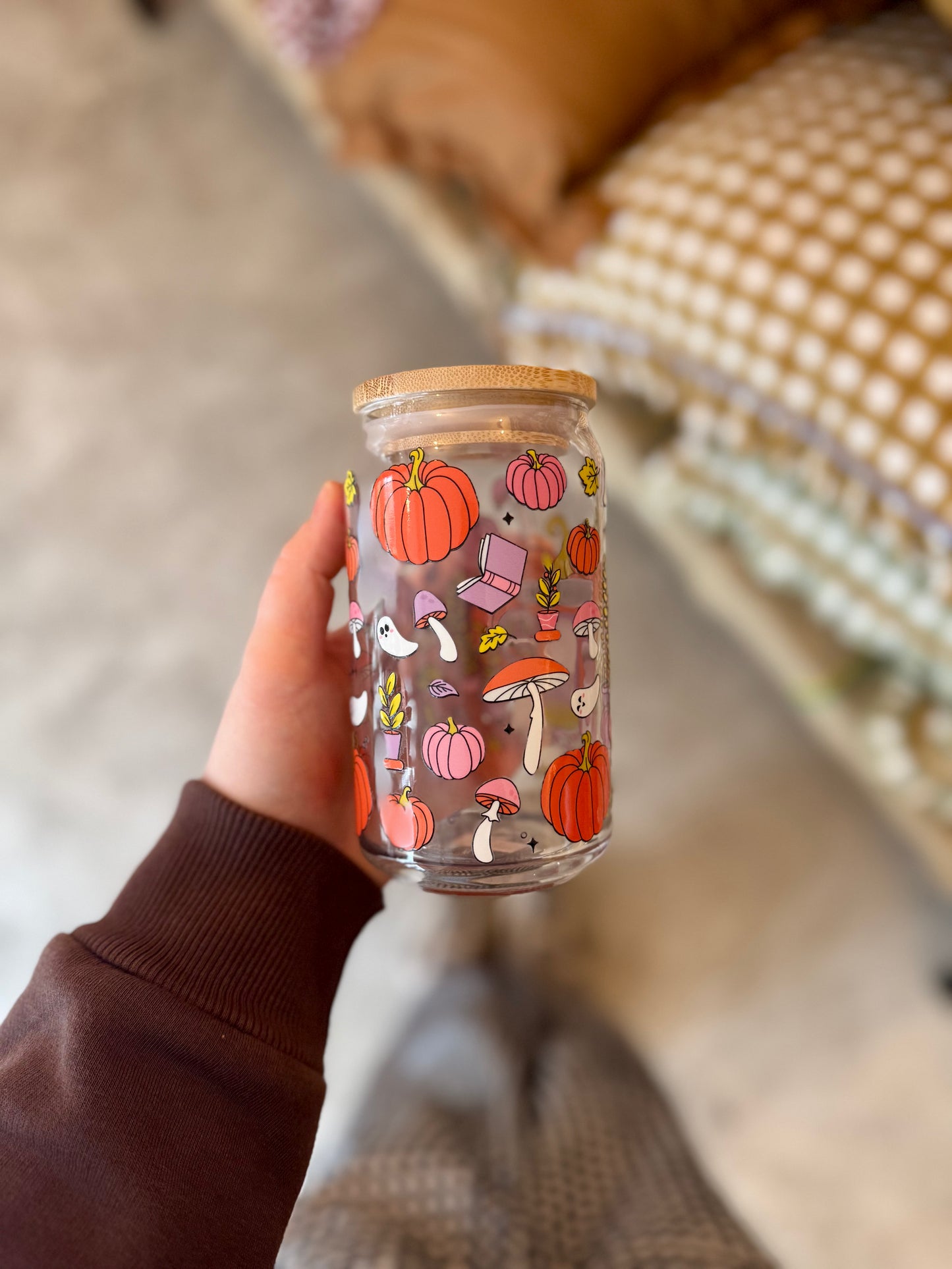 Pumpkin Bookstore Autumn Iced Coffee Glass 16oz