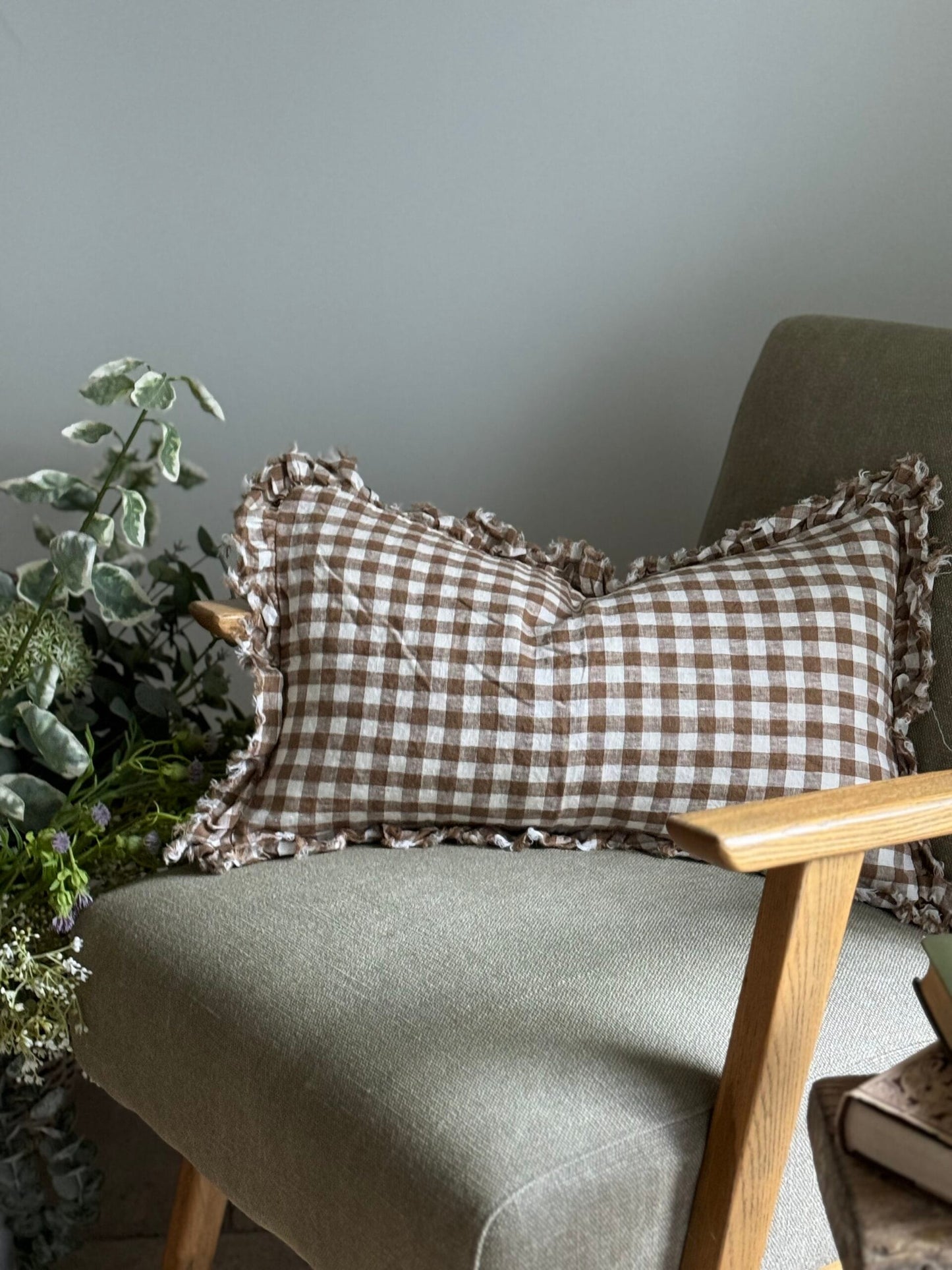 Brown Gingham Linen Ruffle Cushion