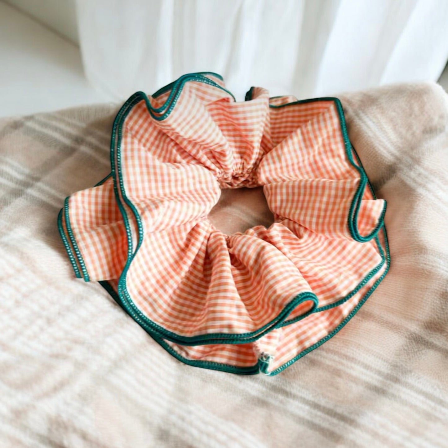 Large Scrunchie in Peach Gingaham & Teal