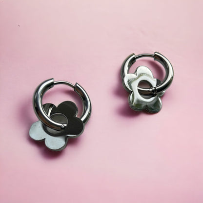 Silver Flower Huggie Hoops