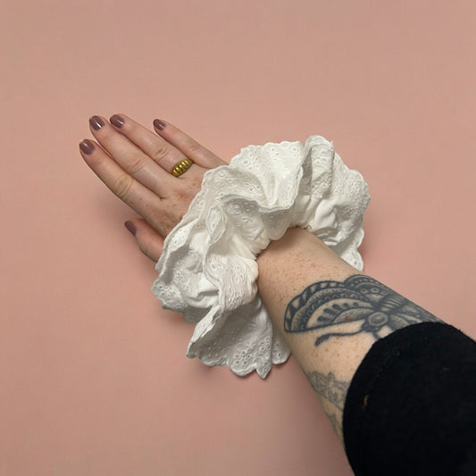 Large White Cotton Frilly Hair Scrunchie