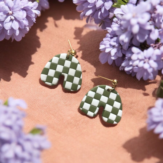 Handmade Clay Check Earrings in Matcha