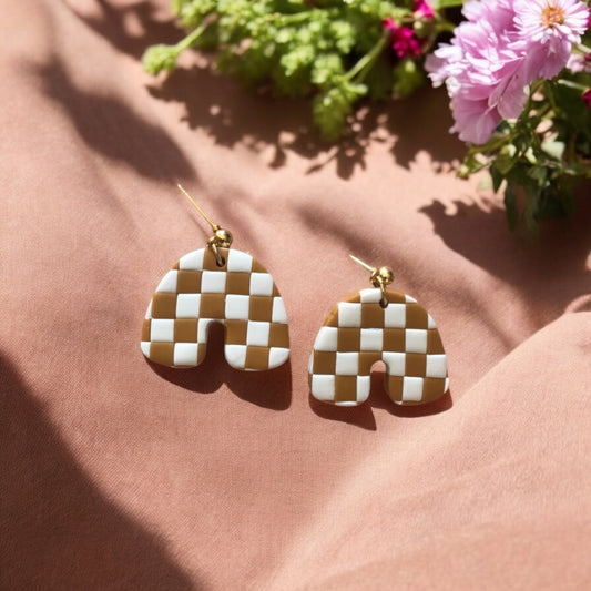 Handmade Clay Check Earrings in Mustard