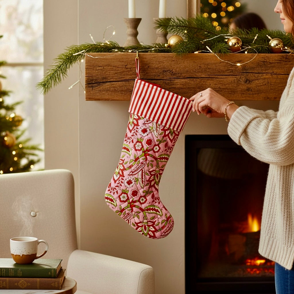 Floral Stripe Handmade Cotton Stocking