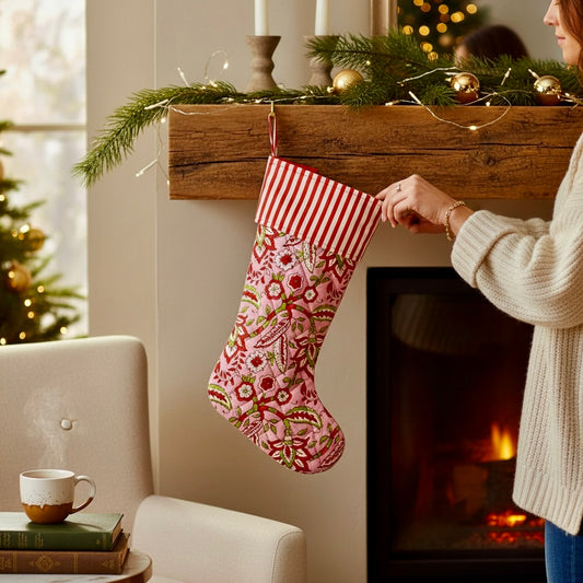 Floral Stripe Handmade Cotton Stocking