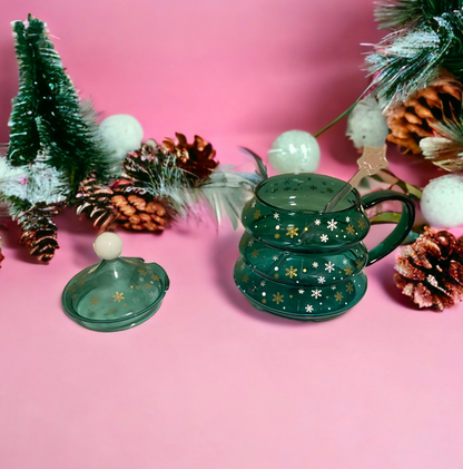 Festive Glass Mug with Lid & Stirrer