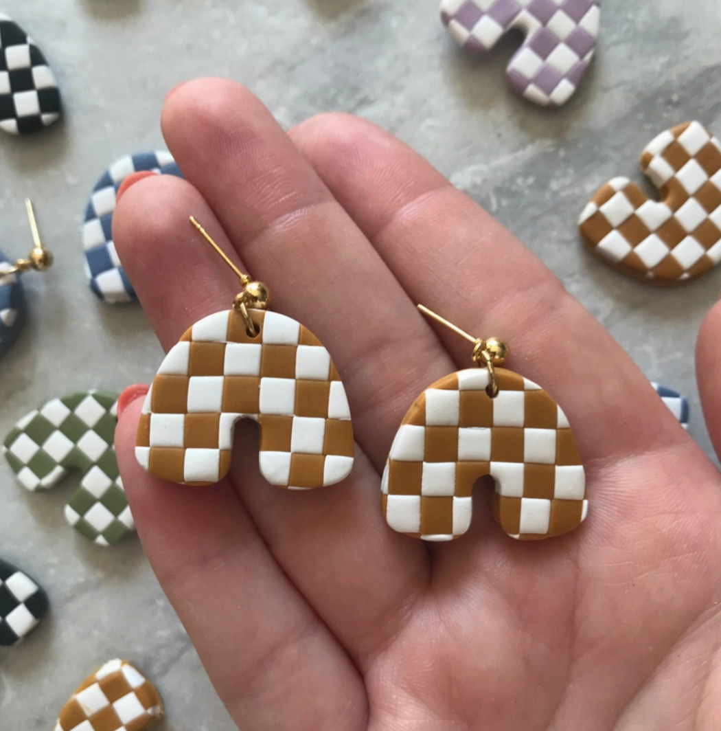 Checkered Mustard Arch Earrings