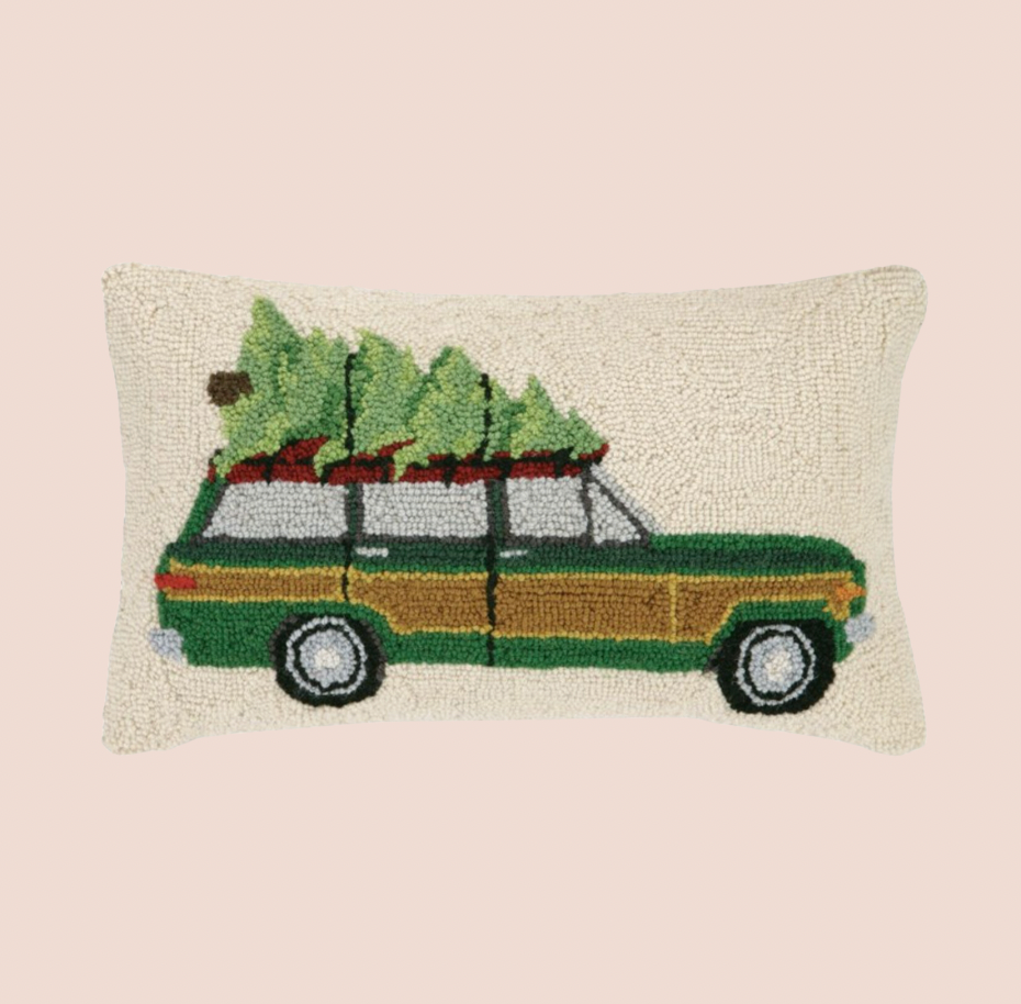 Wool Hooked Jeep & Christmas Tree Cushion