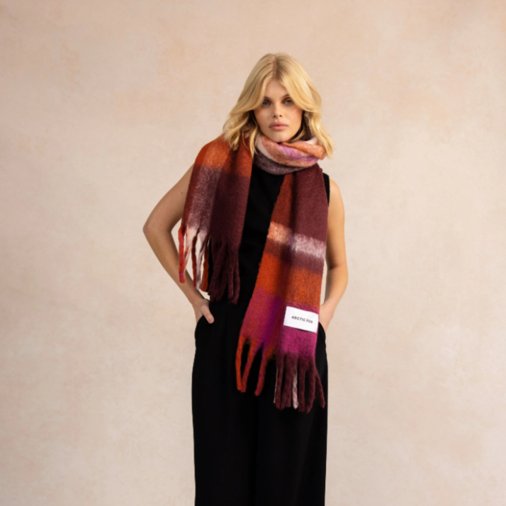 Stockholm Recycled Scarf in Burgundy Check