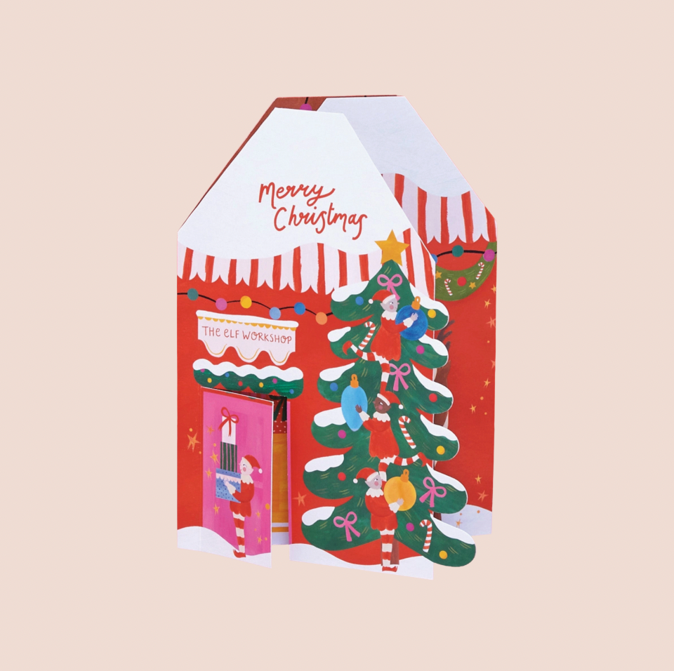 Merry Christmas 3-D Elf Workshop Christmas Card