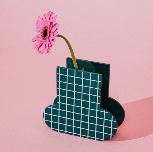 Green Check Wooden Vase