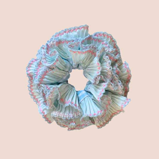 Light Blue Check & Frill Scrunchie