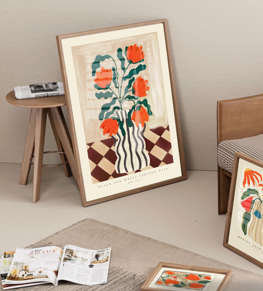 Black & White Striped Vase A3 Print