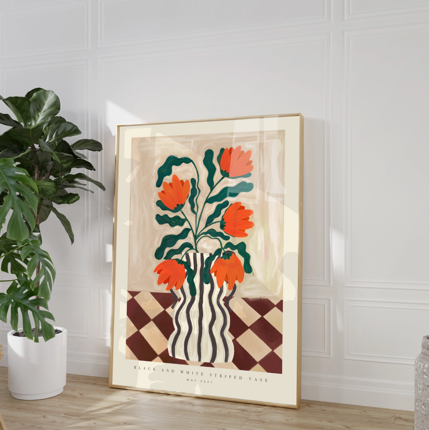 Black & White Striped Vase A3 Print