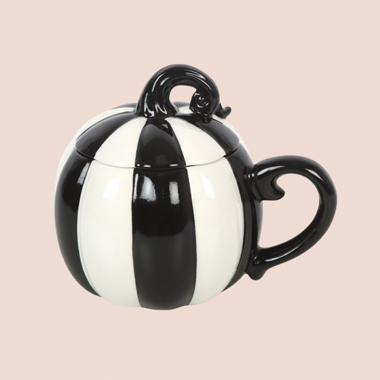 Black & White Striped Pumpkin Mug & Lid