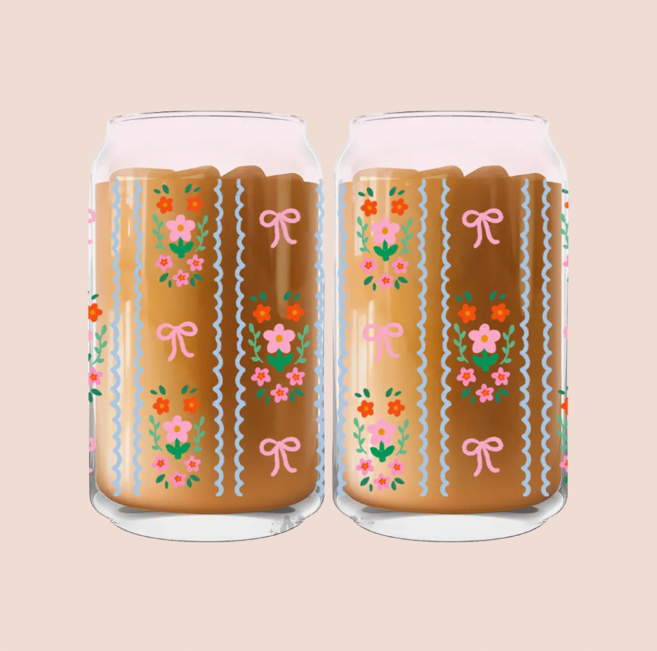 Floral Cottagecore Iced Coffee Glass 16oz