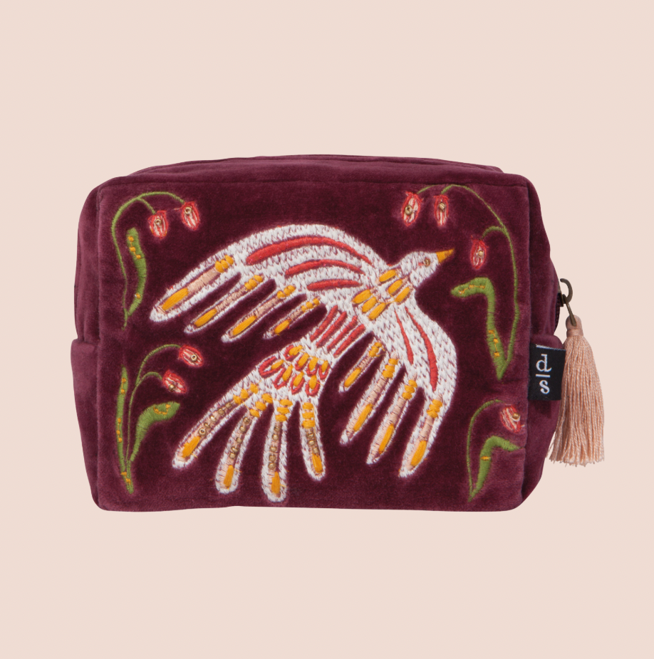 Dove Embroidered Burgundy Zip Pouch
