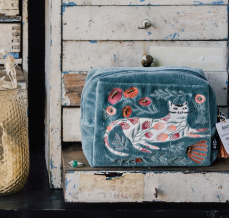 Cat & Blooms Embroidered Zip Pouch